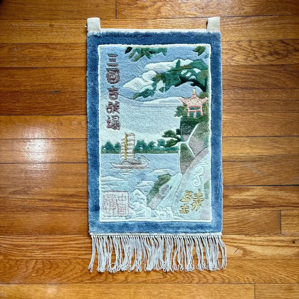 Vintage Chinese Silk Wall Hanging Rug Water and Boat Landscape Fringed Tassels